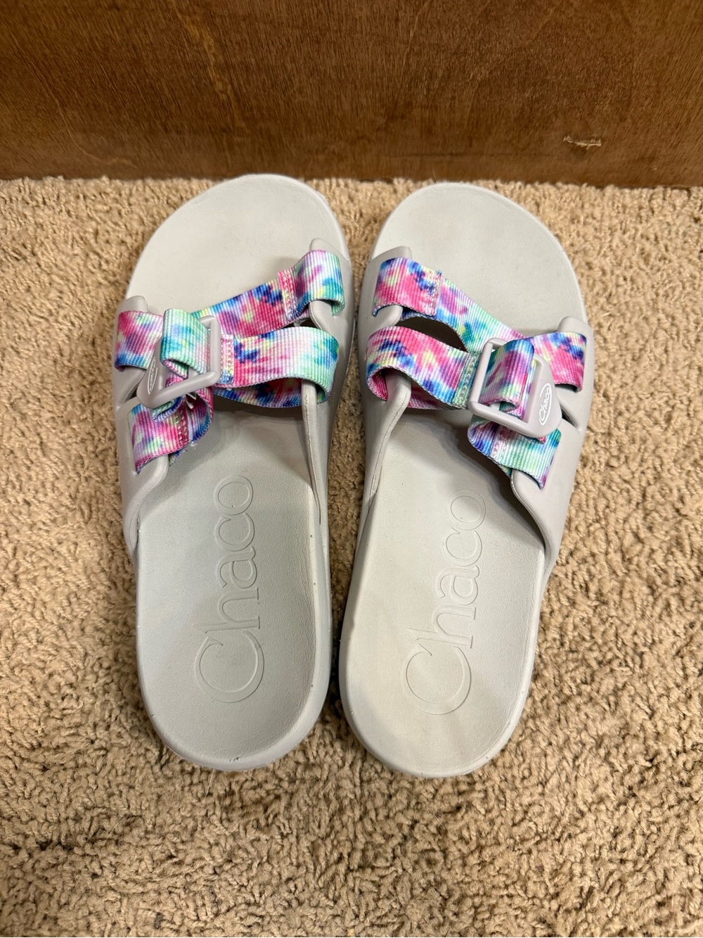 Chaco Gray Slide Sandals with Rainbow Tie-Dye Straps